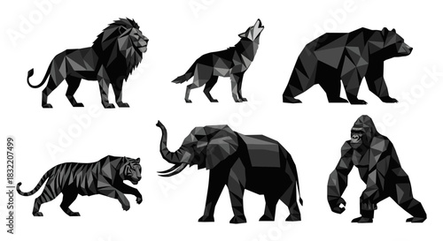Geometric animal silhouettes featuring lion, elephant, wolf, and more in polygonal style