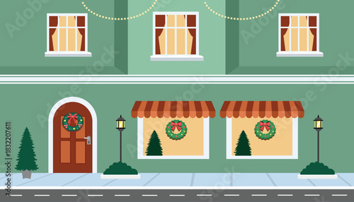 Cozy Christmas Shop Exterior with Wreaths and Lights. Coffee shop in winter season. Coffee stall. Cafe house. 