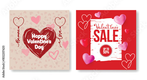 Valentine’s Day Promo Discount square poster and Flyer Collection with Heart Vector Background, Web Banner Set, social media posts pack, and Gift Sale Ads for Valentine's greetings and wishes card 