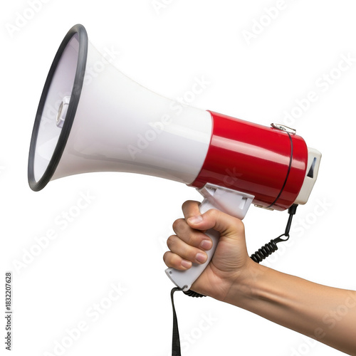 Hand holding a red and white megaphone isolated on transparent background