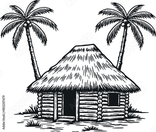 Rustic thatched roof hut with palm trees on a tropical island landscape