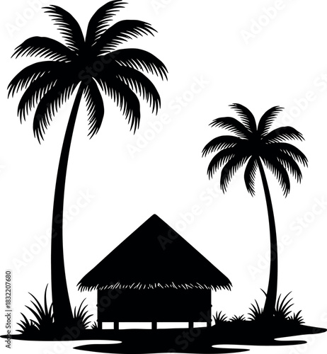 Silhouette of a tropical hut with palm trees and grass on a white background