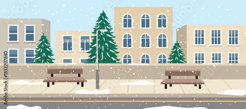 Winter City Street with Snowfall. Pedestrian street. Winter downtown. Residential area. Bridge. Flyover with house scene.