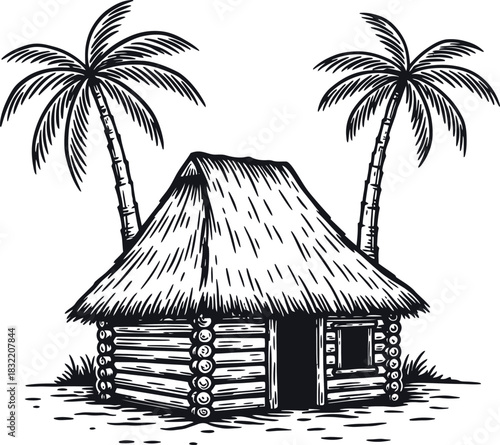 Rustic thatched roof hut with palm trees in a tropical island setting