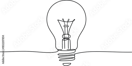 Continuous Line Drawing of a Lightbulb Symbolizing Innovation and Bright Ideas on White
