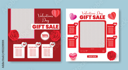 Modern Valentine’s Day Gift Sale Promo Social Media Posts Pack, 3D Heart Vector Background square Flyer and Poster Bundle, and Web Banner Collection for social media Marketing Advertisements design