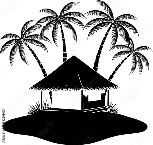 Silhouette of a tropical island with palm trees and a thatched hut