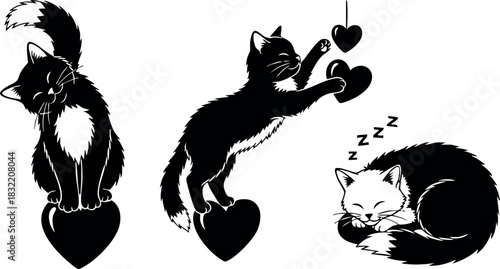 Black and white vector art of fluffy kittens with hearts, playful poses and sleeping curl, romantic valentine’s day pet silhouettes in simple flat design style
