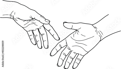Line Art Drawing of Two Hands Reaching Out, Isolated on White Background