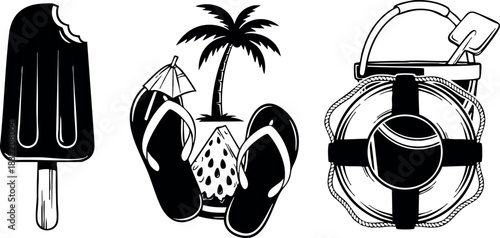 Monochrome flat design summer icons with bitten popsicle, flip flops around coconut palm, and beach bucket with life ring, playful minimalist vacation vector art