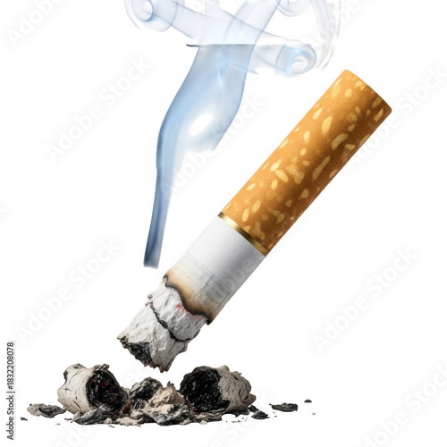 Burning cigarette with smoke and ash isolated on transparent background