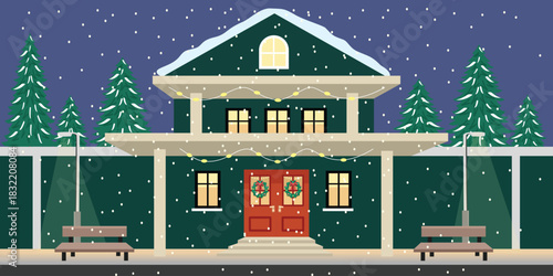 Snowy Christmas Eve House with Holiday Lights and Pine Trees. Clasic winter house. Night house. Pedestrian street.