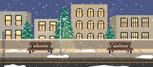 Snowy City Street at Night with Buildings and Benches. Apartment exterior. Street lamp. Downtown residence.