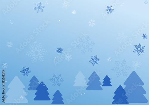 Horizontal winter background featuring fir tree silhouettes with snowflakes. Vector banner featuring frosty precipitation on blue gradient with copy space. A4 format for presentations and printing.