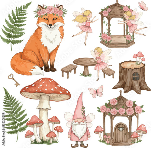 Whimsical woodland scene with fox gnome gazebo mushroom and ferns
