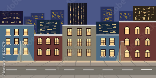 Night City Street with Illuminated Buildings and Streetlight. Cityscape illustration. Metropolitan skyscraper. 