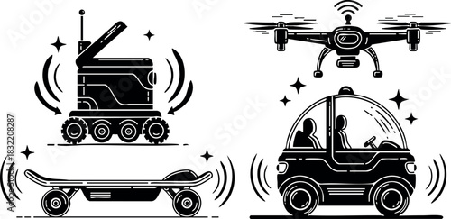 Minimalist black line art set of futuristic autonomous delivery robot, drone quadcopter, electric skateboard and self driving pod car with motion lines on white background