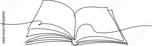 Minimalist Open Book Continuous Line Drawing on White Background for Study and Literature