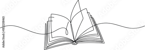 Minimalist Open Book Line Art Illustration on White Background, Education and Literature Concept