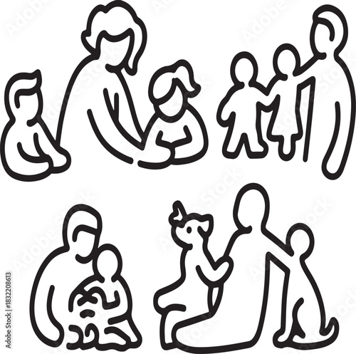 Illustration of collection of simple black and white line art icons depicting various family structures, including parents, children, and pets