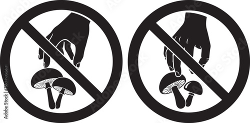 Two black and white circular signs prohibiting mushroom picking