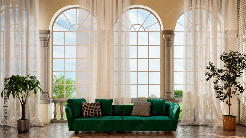 Fototapeta premium Large luxury modern bright interiors Living room mockup illustration 3D rendering image