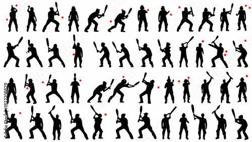 Dynamic silhouette collection of baseball players in action with red stars, perfect for sports teams, event graphics, and energetic designs