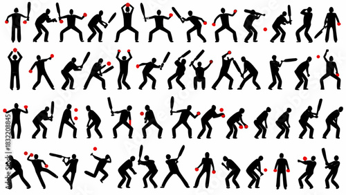 Dynamic cricket action poses in silhouette, capturing energy and motion for sports illustrations, icons, and graphic designs related to cricket excitement