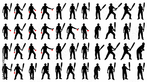 Dynamic baseball player silhouettes in action poses showcasing pitching, batting, and catching, originally created as vector art for scalable designs