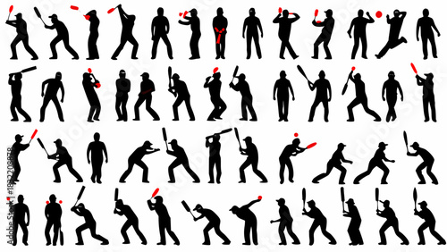 Dynamic baseball player silhouettes in action poses, a vibrant collection perfect for sports branding, team logos, and athletic design projects, originally from vector art