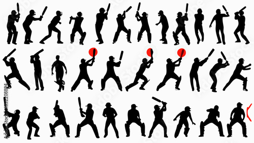 Dynamic cricket players silhouettes in action ready to bat, ideal for sports teams, event promotion, and athletic designs with energy and power