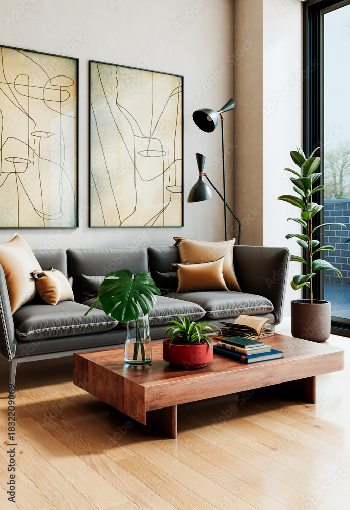 Fototapeta premium Large luxury modern bright interiors Living room mockup illustration 3D rendering image