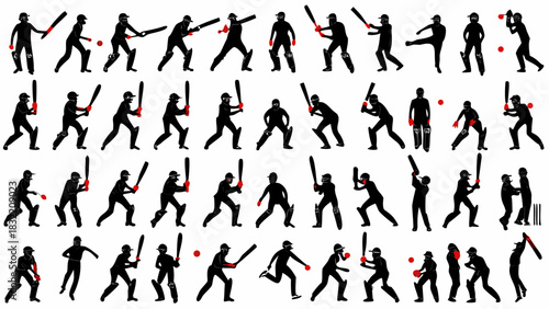 Dynamic cricket player silhouettes showcase action poses, perfect for sports branding, event promotions, and athletic designs that need powerful, energetic visuals