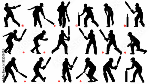 Dynamic cricket players silhouettes in action, showcasing sporting skill and energy, perfect for sports designs and athletic themes, originally vector graphics