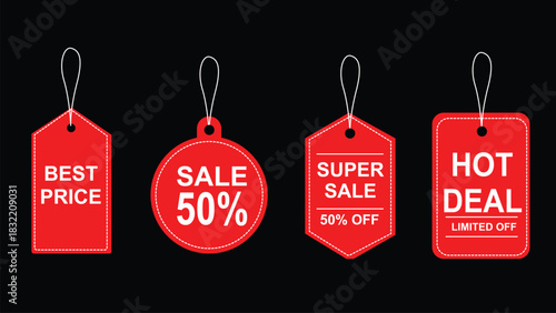 Red color price tags set. Vector illustration.