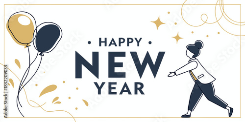 Happy New Year Illustration – Dancing Figure with Balloons, Confetti & Gold-Navy Accents on White