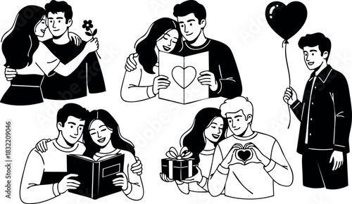 Minimalist black and white flat design couples celebrating valentine’s day, exchanging gifts, reading card, heart balloon and hand heart gesture, romantic scenes collection, cheerful mood