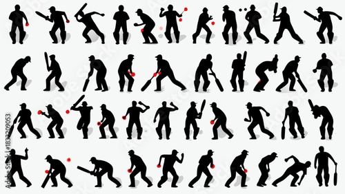 Dynamic cricket players in action, silhouettes showcase batting, bowling, and fielding for sports enthusiasts and game highlights in a modern design