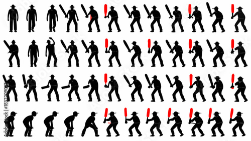 Dynamic cricket player silhouettes in action, perfect for sports branding and game visuals, conveying energy and competitive spirit, originally vector graphics