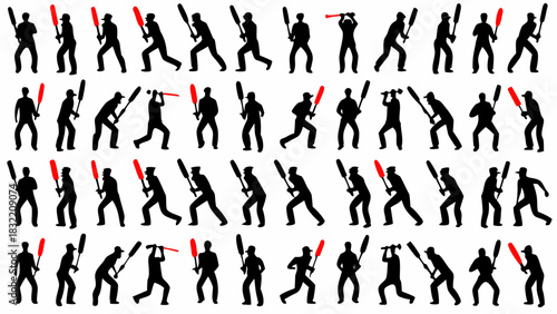 Dynamic cricket players in action poses, ready to strike with bats, energetic sports silhouettes for team branding, league promotion, or fitness campaign