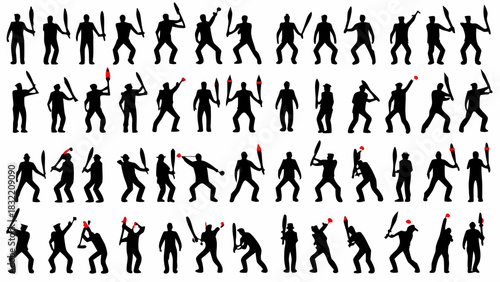 Dynamic silhouette collection of performers juggling clubs, creating a vibrant carnival or circus atmosphere and celebrating the art of skillful entertainment