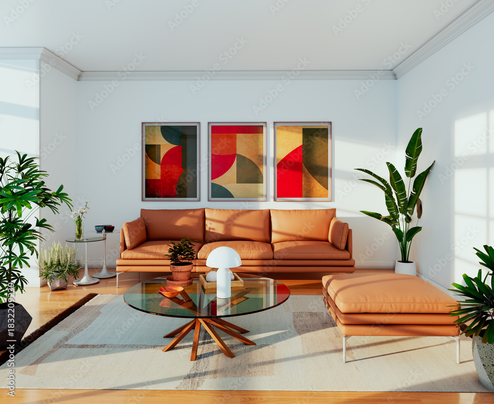 Fototapeta premium Large luxury modern bright interiors Living room mockup illustration 3D rendering image