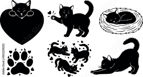 Playful black cat silhouette vector set with heart shapes, paw print and sleeping kitten in nest, cute stretching and walking poses for valentines day pet lovers