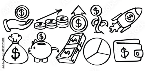Set of hand drawn Financial profit theme Isolated Vector