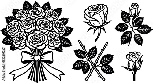 Bold tattoo flash style black rose bouquet with ribbon bow and separate thorny stems, decorative floral vector art arrangement for romance, wedding stationery, and gothic greeting cards