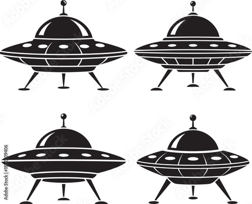 Four distinct retro flying saucer ufo silhouettes with landing gear