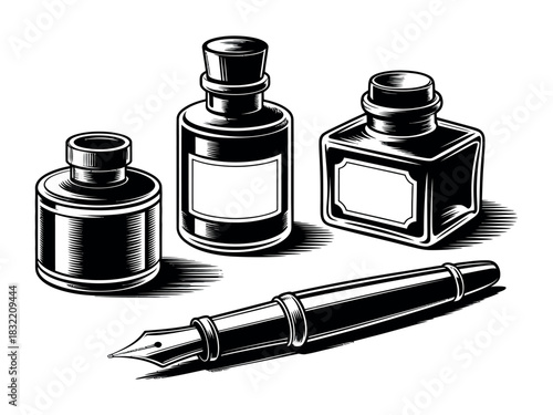 Illustration of three ink bottles and a fountain pen on a white background