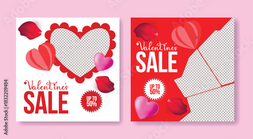 Creative Valentine’s Day Sale Discount social media posts, ads, Promo Bundle with 3D Heart Ads, Square Flyer, poster Design Pack, Greeting Card Vector Background and Web Banner Collection