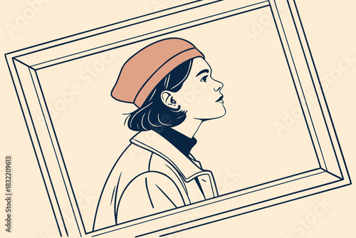 Flat-style portrait frame — simple blocks, ultra-minimal color, editorial poster style.