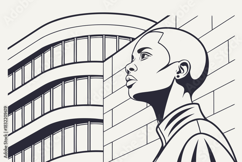 Abstract faceless portrait — smooth curves, layered geometric blocks, modern poster aesthetic, premium vector finish.